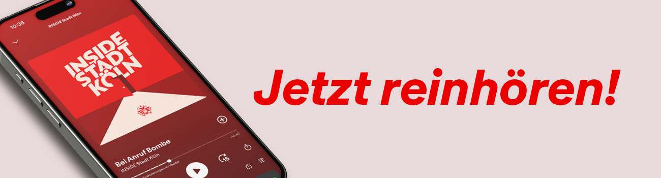 Handyscreen mit dem Text "Inside Stadt Köln" und Jetzt reinhören!
