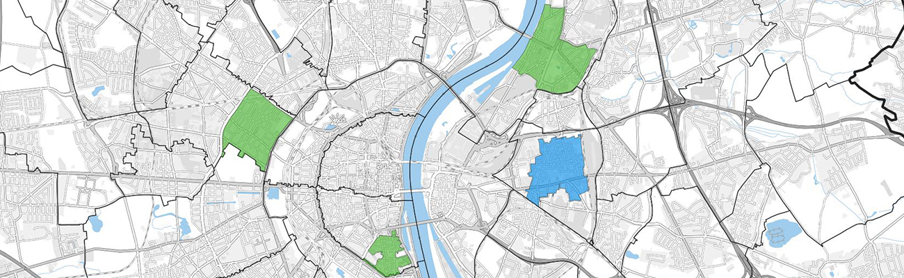 Die Karte zeigt alle Gebiete im Kölner Stadtgebiet in den Soziale Erhaltungssatzung aufgestellt sind oder geprüft werden.